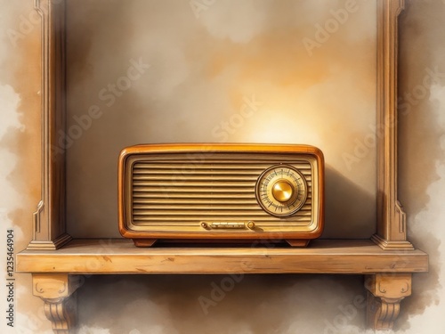 Vintage wooden radio on shelf with classic knobs and warm lighting