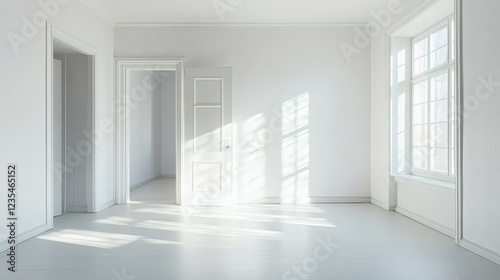 Sunlit Empty Room with White Walls and Doors - Modern Interior Design