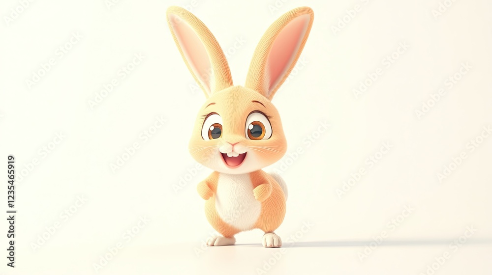 Fototapeta premium A cute cartoon rabbit with big ears and a playful expression, hopping on a white background for a minimalist look.