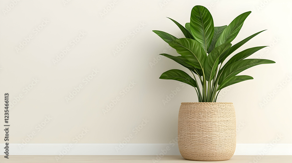 Fototapeta premium Green potted houseplant in a woven rattan basket stands on a wooden floor against a minimalist beige wall in bright natural light.