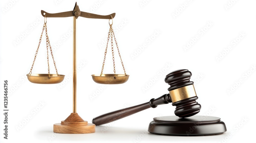 Golden Scales and Brown Gavel on White Background Golden Scales and Brown Gavel on White Background