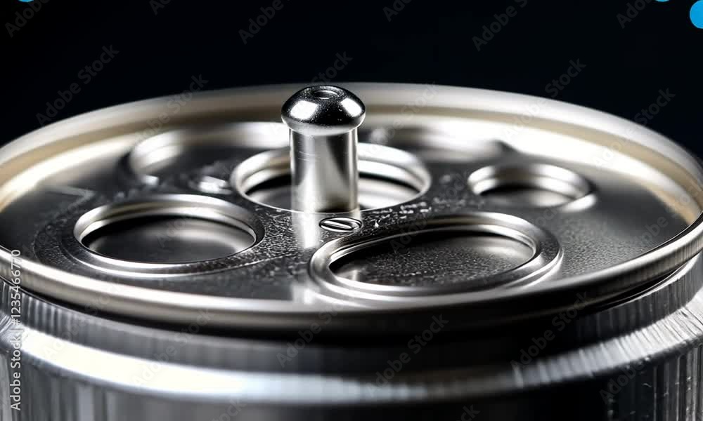 Close-up of a beverage can top with a shiny pull-tab against a dark background, highlighting details Close-up of a beverage can top with a shiny pull-tab against a dark background, highlighting details