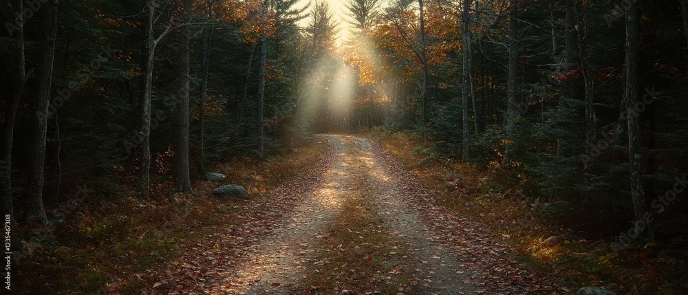 Fototapeta premium A serene autumn forest filled with trees in fiery hues of orange, red, and gold. Fallen leaves create a soft carpet over a winding path illuminated by the golden light of the setting sun. The