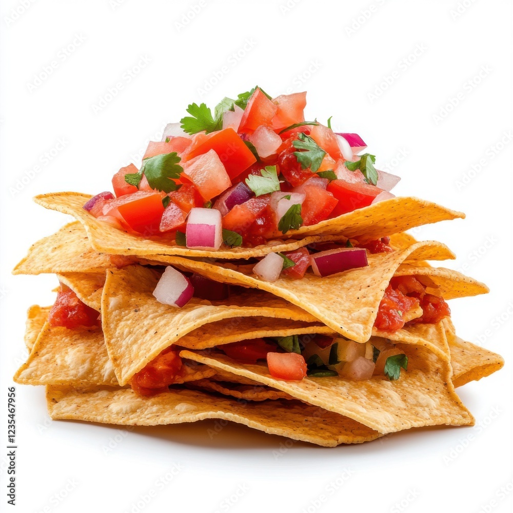 Crunchy Tortilla Chips Stacked High with Fresh Salsa and Garnish on White Background Crunchy Tortilla Chips Stacked High with Fresh Salsa and Garnish on White Background