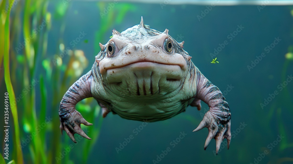 Fototapeta premium Curious Amphibian Swimming Underwater in Clear Freshwater Habitat