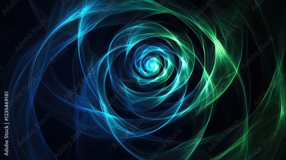 Obraz premium Abstract 3D spiral with neon blue and green light trails, creating a hypnotic and futuristic visual effect on a dark backdrop.