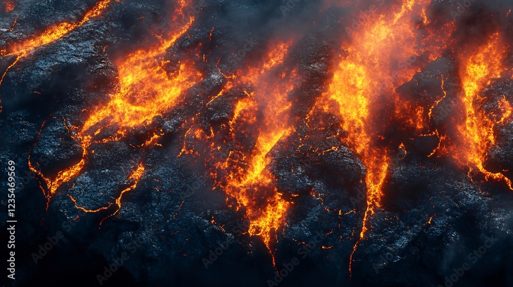 Fiery lava flows intensely across dark volcanic rock a dramatic high angle shot. AI Generated Fiery lava flows intensely across dark volcanic rock a dramatic high angle shot. AI Generated