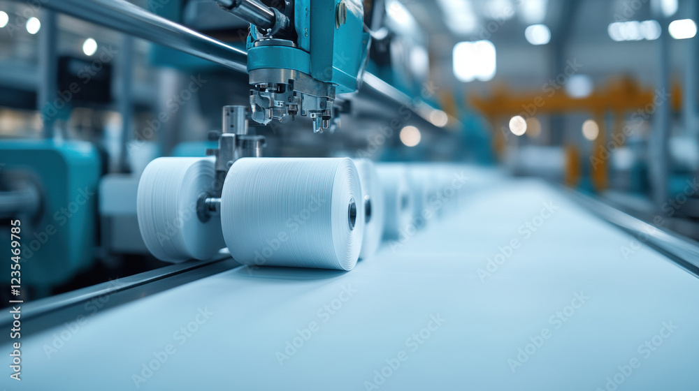 Tissue paper factory, A detailed image of tissue paper being processed through a cutting machine, high fidelity version. Tissue paper factory, A detailed image of tissue paper being processed through a cutting machine, high fidelity version.