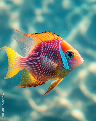 A brightly colored fish swims gracefully in clear blue water, showcasing vibrant patterns and hues, typical of a tropical marine environment. photo