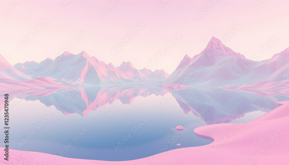 Fototapeta premium Serene pink landscape, tranquil mountain lake, pastel color palette, reflective water surface, misty atmosphere, dreamlike scenery, soft lighting, ethereal mood, minimalist composition, digital art st