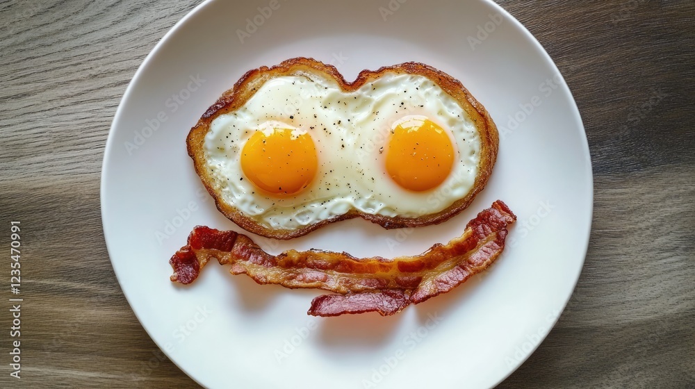 Fun and Whimsical Breakfast Plate with Eggs and Crispy Bacon Smile Fun and Whimsical Breakfast Plate with Eggs and Crispy Bacon Smile