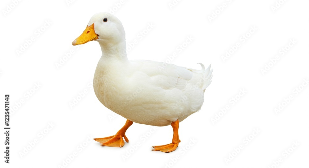 White Domestic Pekin Duck Poultry Bird Farm Animal Isolated on White Background White Domestic Pekin Duck Poultry Bird Farm Animal Isolated on White Background