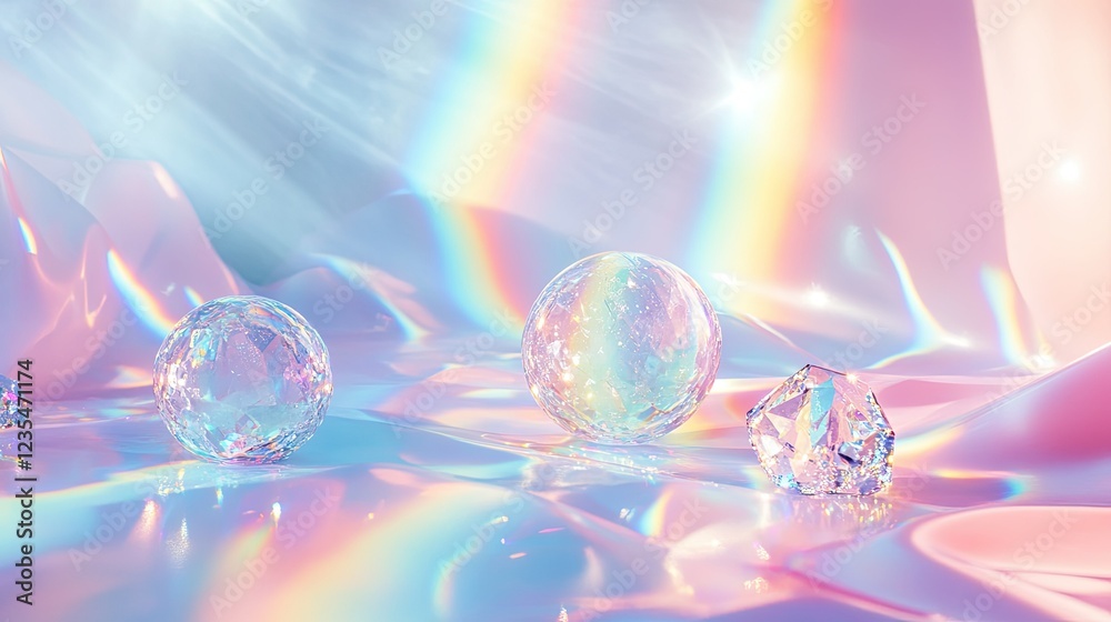 Abstract pastel blue studio scene with rainbow crystal light refractions and subtle disco ball effects for a dreamy atmosphere. Abstract pastel blue studio scene with rainbow crystal light refractions and subtle disco ball effects for a dreamy atmosphere.