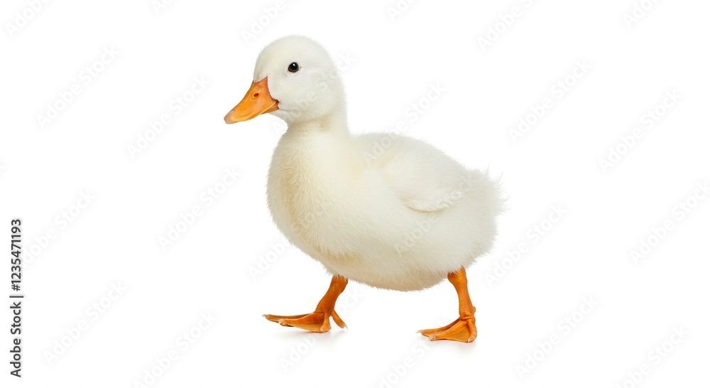 Adorable Fluffy White Duckling Walking Isolated on White Background Adorable Fluffy White Duckling Walking Isolated on White Background