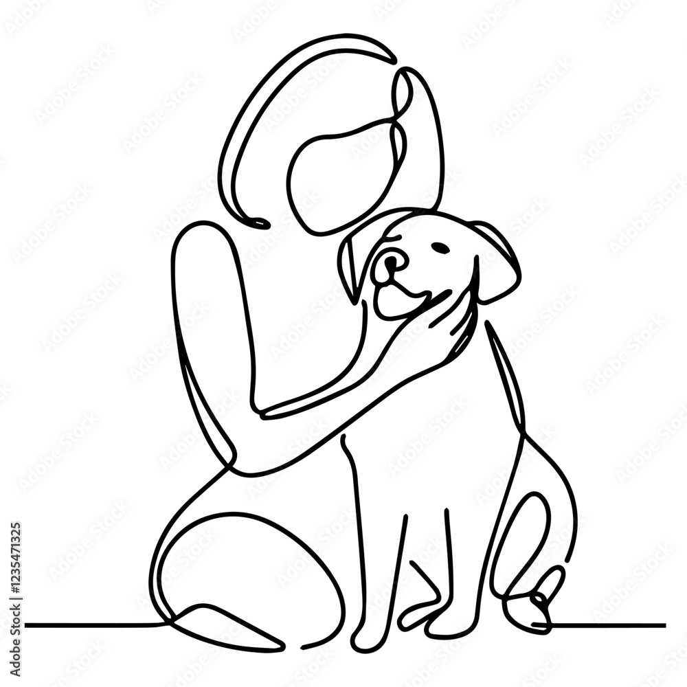 Line drawing of woman hugging dog representing friendship. Line drawing of woman hugging dog representing friendship.