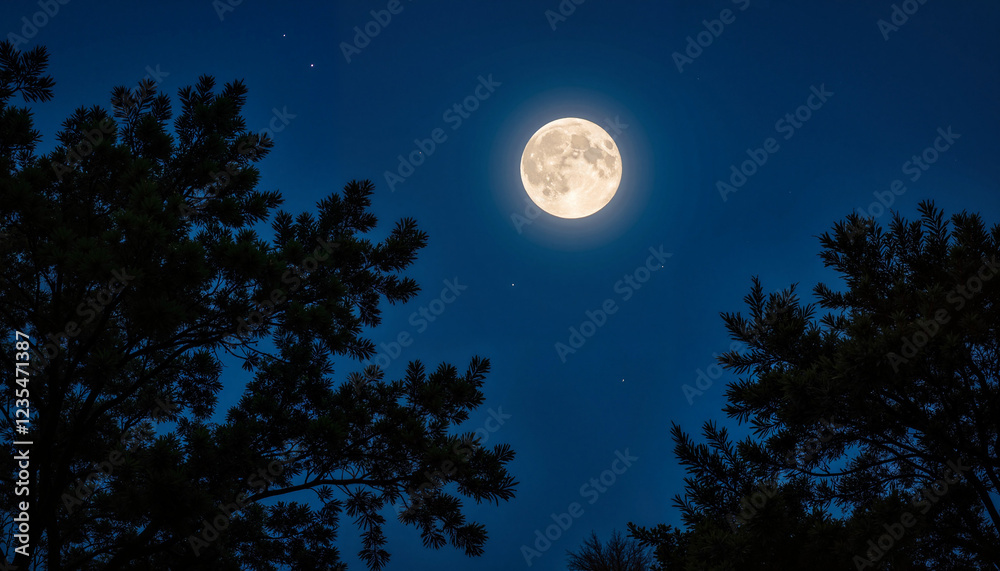 Full moon glowing in a night sky with silhouetted trees Full moon glowing in a night sky with silhouetted trees