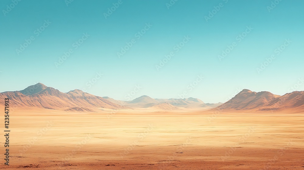 Vast desert landscape stretches under a clear blue sky Warm light bathes the gently rising mountains. AI Generated Vast desert landscape stretches under a clear blue sky Warm light bathes the gently rising mountains. AI Generated