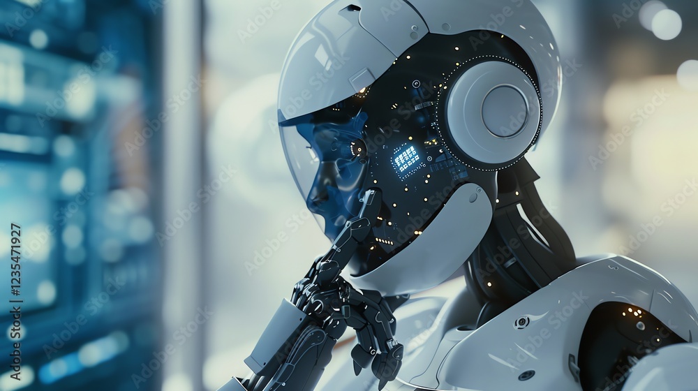 Fototapeta premium A robot with a white helmet and a robotic hand holding its chin in a thoughtful pose.