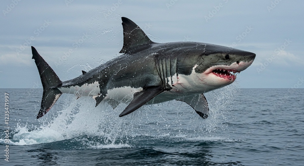 Fototapeta premium Great White Shark Breaching Ocean Surface Dramatic Wildlife Action Shot