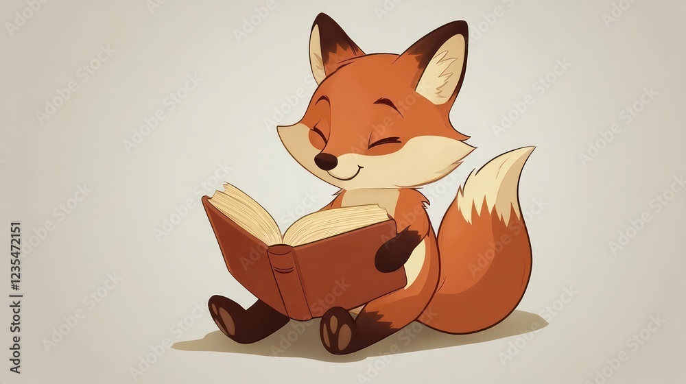 Obraz premium Cute cartoon fox sitting and reading a book. (1)