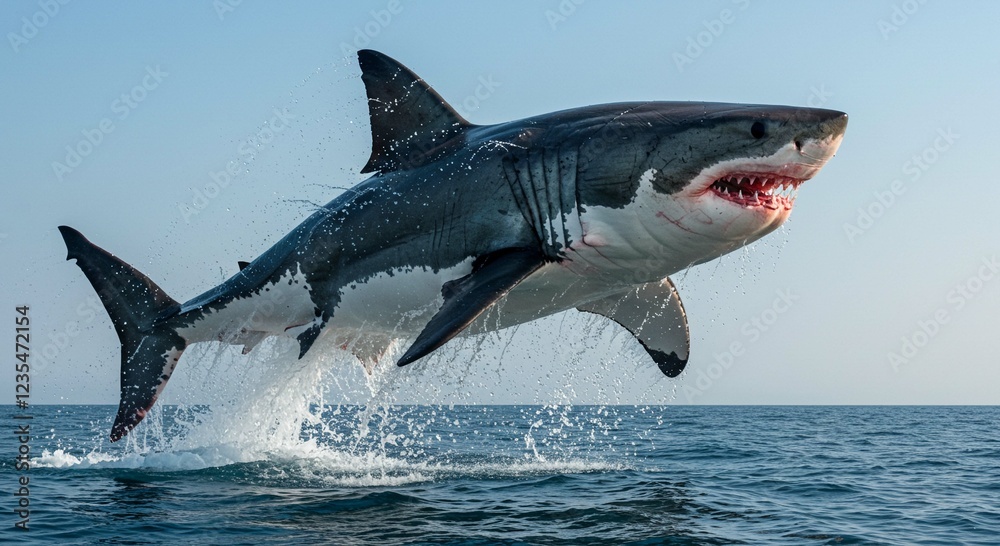 Fototapeta premium Majestic Great White Shark Leaping from Ocean Waters Breathtaking Wildlife Scene