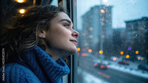 The image shows a young woman looking out the window of a train.