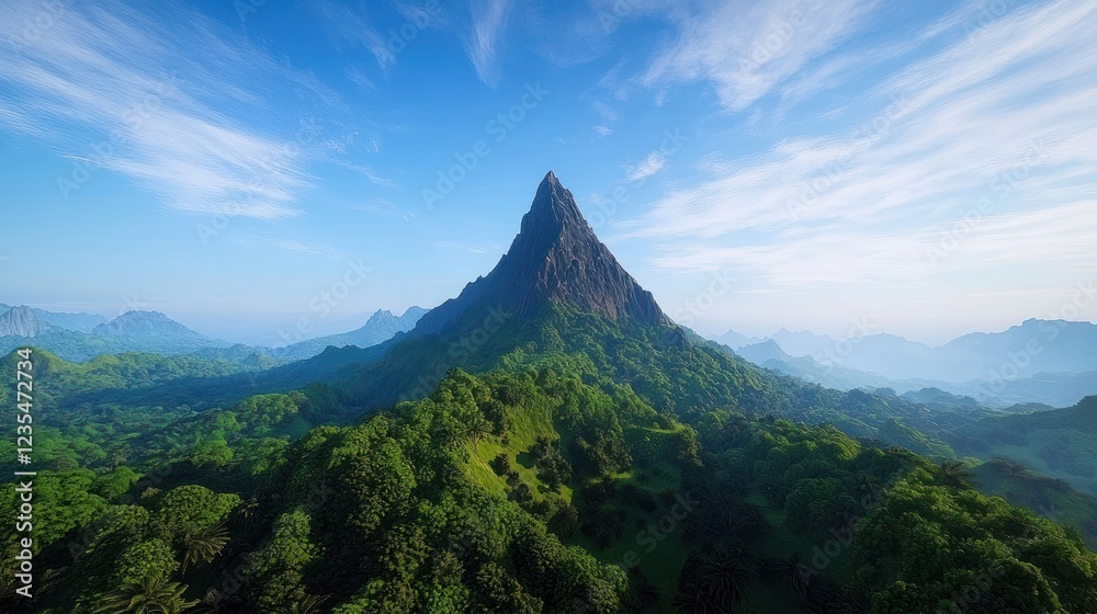 Lush Green Tropical Mountain Peak Under a Blue Sky Lush Green Tropical Mountain Peak Under a Blue Sky