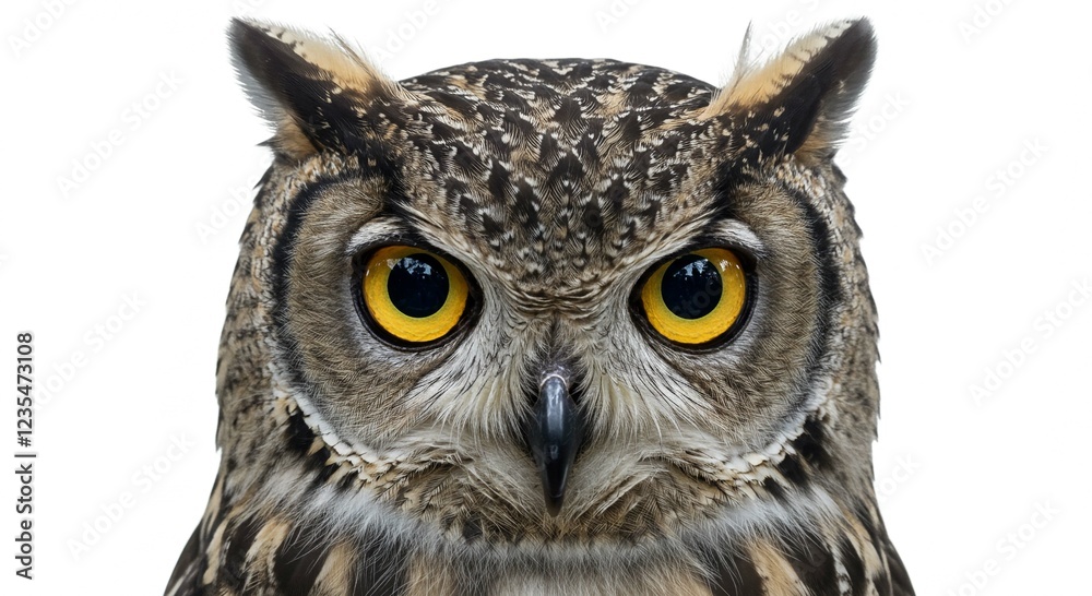 Fototapeta premium Majestic Close Up of a Powerful Owl with Bright Yellow Eyes Isolated on White Background