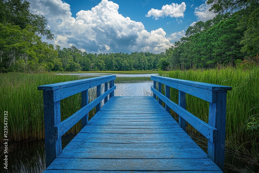 Rustic blue wooden bridge stretching across a marsh leading into a dense forest. Rustic blue wooden bridge stretching across a marsh leading into a dense forest.