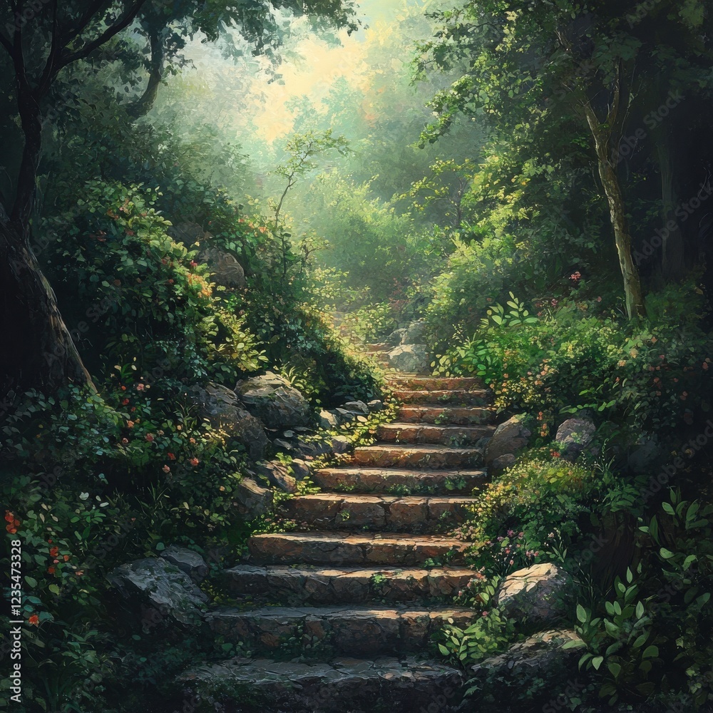 A serene forest path with stone steps, surrounded by lush greenery and soft light filtering through the trees. A serene forest path with stone steps, surrounded by lush greenery and soft light filtering through the trees.