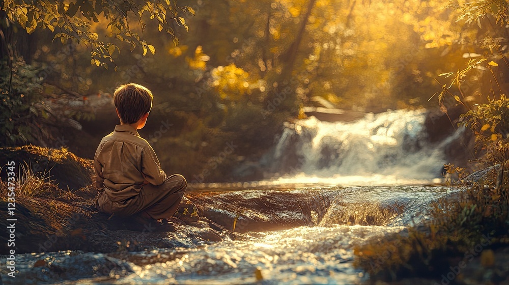 Obraz premium Boy Sitting by Stream in Autumn Forest with Soft Golden Light