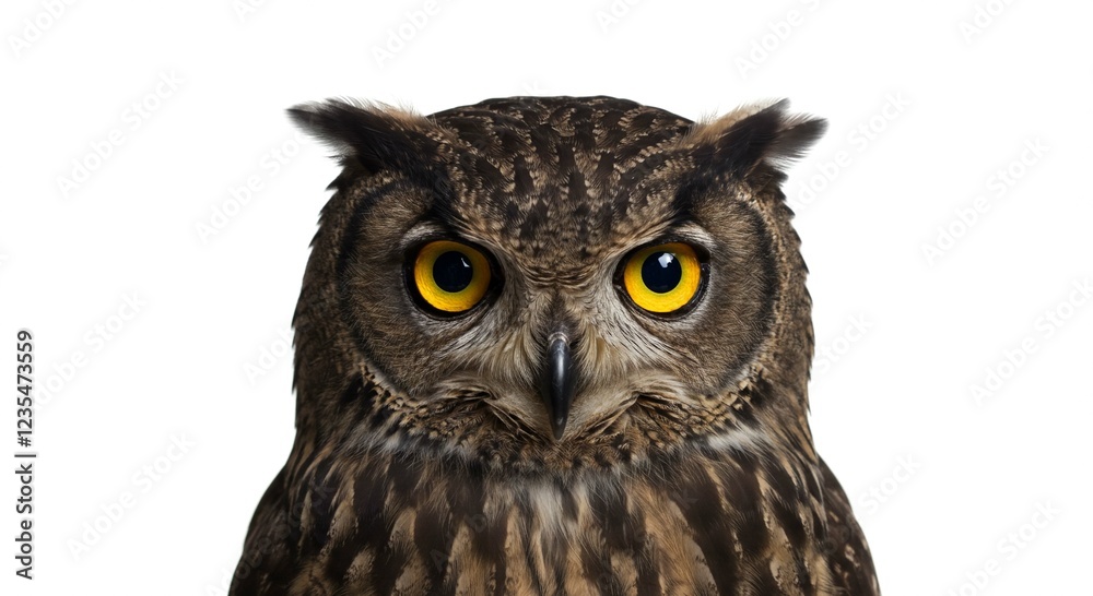 Fototapeta premium Majestic Owl Portrait Close up of a Brown Owl with Intense Yellow Eyes Isolated on White Background