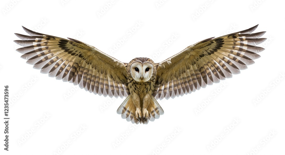 Fototapeta premium Majestic Barn Owl in Flight Wings Spread Wide Isolated on White Background