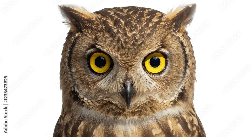 Naklejka premium Majestic Owl Portrait Close up of a Brown Owl with Bright Yellow Eyes on White Background