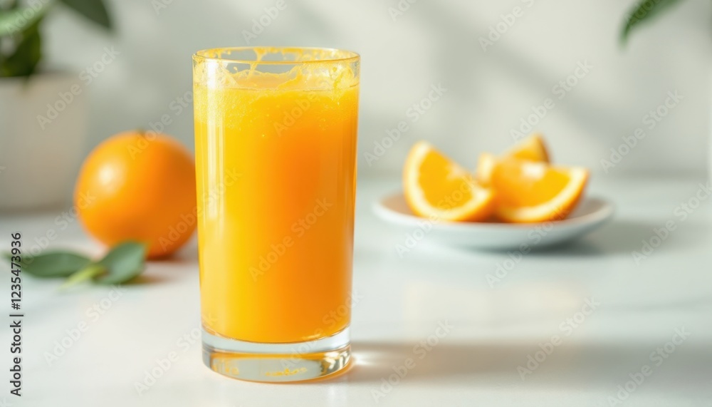 Refreshing glass of fresh orange juice with whole and sliced oranges on table Refreshing glass of fresh orange juice with whole and sliced oranges on table