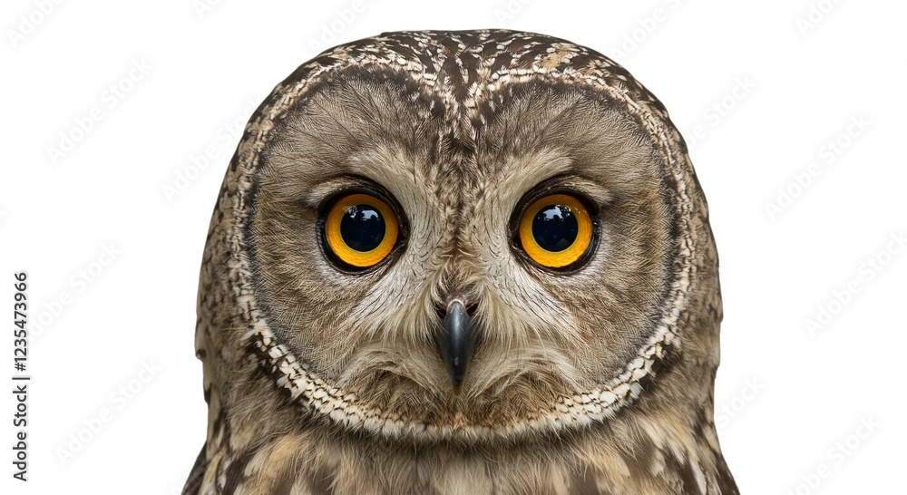 Obraz premium Majestic Owl Portrait Close up of a Brown Owl with Bright Yellow Eyes on White Background
