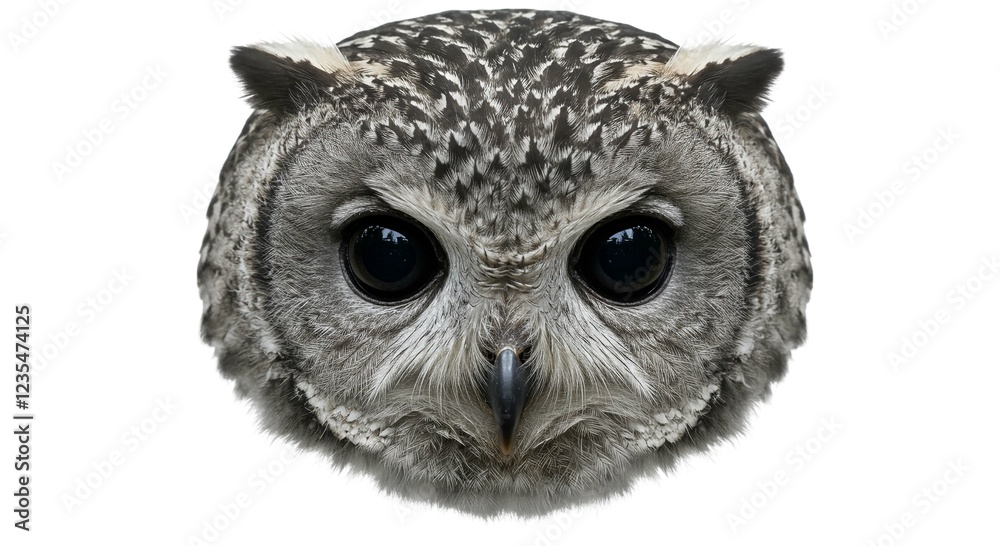 Fototapeta premium Majestic Grey Owl Portrait Close up of a Wild Owl s Face Isolated on White Background