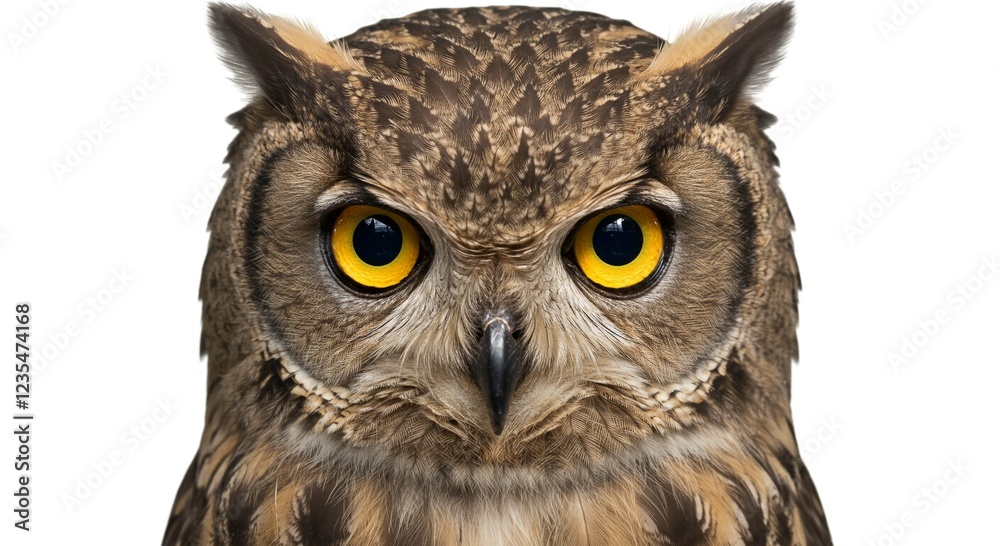 Obraz premium Majestic Owl Close Up Striking Yellow Eyes Detailed Brown Feathers Wildlife Photography