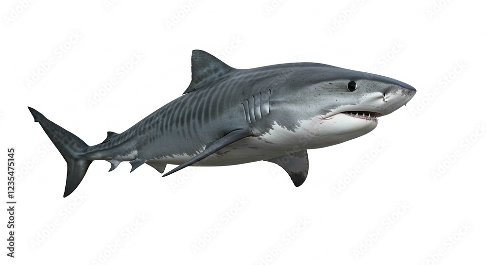 Obraz premium Powerful Tiger Shark Swimming Isolated on White Background Ocean Wildlife Marine Animal