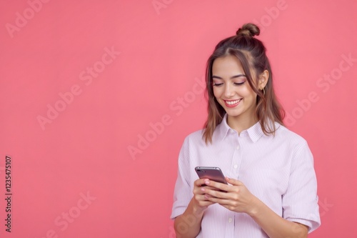 Young woman using smartphone and smiling on pink background