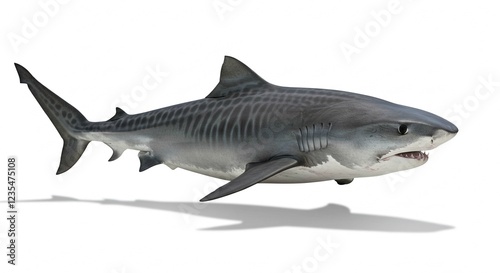 Powerful Tiger Shark Swimming in Ocean Isolated on White Background photo