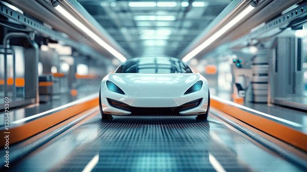 Futuristic Electric Car in Advanced Manufacturing Facility Setting Futuristic Electric Car in Advanced Manufacturing Facility Setting