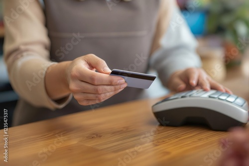 Shop assistant accepting credit card payment at pos terminal photo