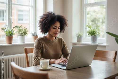 Young woman working from home typing on laptop computer