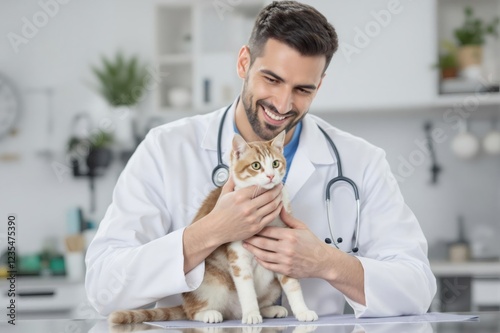Veterinarian holding a cat in veterinary clinic smiling at pet