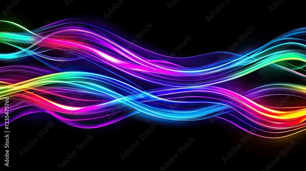 Fototapeta premium Electrifying display of neon cables glowing brightly in multicolored hues, moving rapidly against a black background.