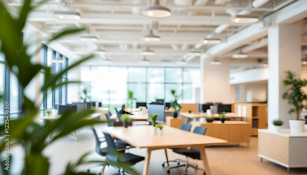 modern open office space, industrial chic, exposed ceiling, large windows, natural light, wooden communal tables, ergonomic chairs, minimalist design, indoor plants, spacious layout, collaborative wor modern open office space, industrial chic, exposed ceiling, large windows, natural light, wooden communal tables, ergonomic chairs, minimalist design, indoor plants, spacious layout, collaborative wor