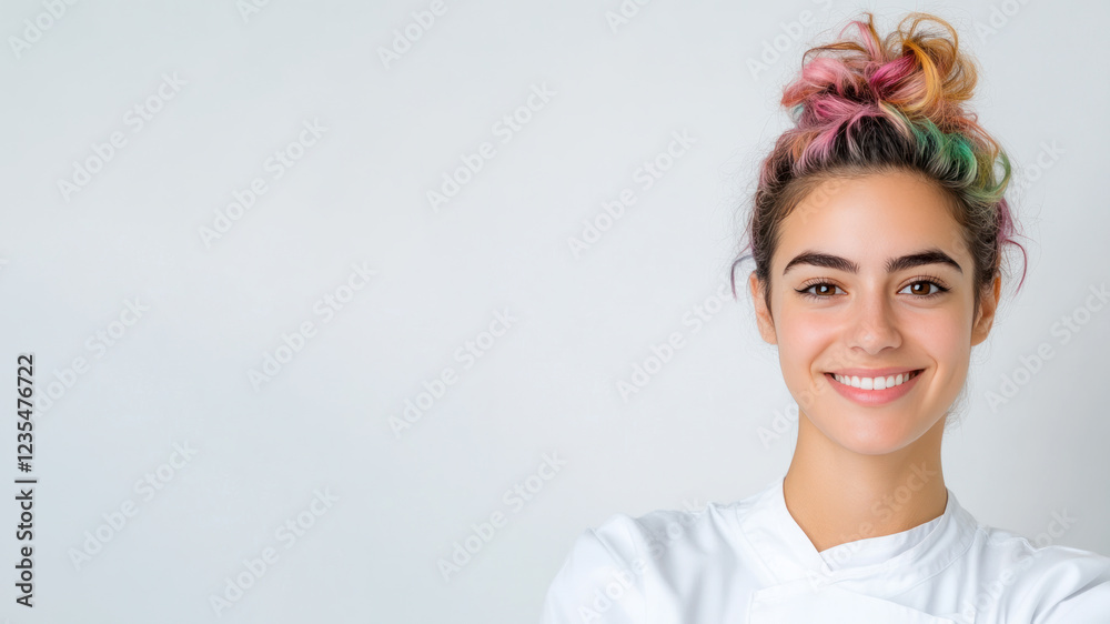 Fototapeta premium Colorful young chef woman smiling isolated on white background