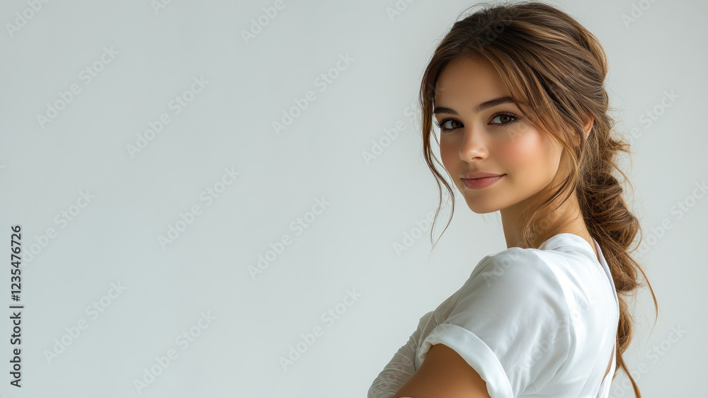 Brunette young chef woman smiling isolated on white background Brunette young chef woman smiling isolated on white background