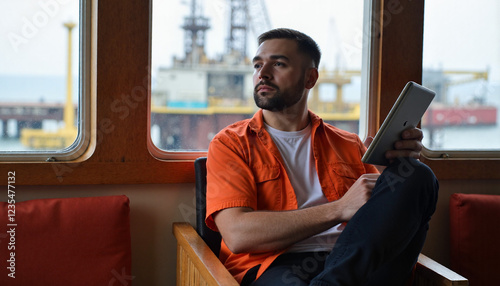 Thoughtful man reading tablet on ship interior